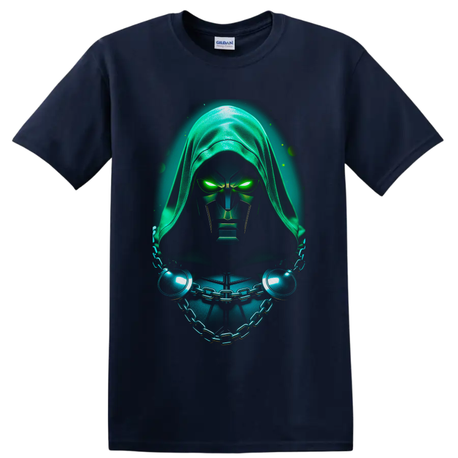 Doctor Doom in neon-green hooded armor with glowing eyes and chained chest on a Navy (Blue) T Shirt