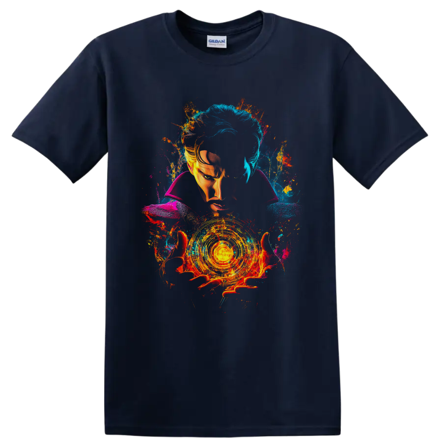 Doctor Strange portrait with glowing magic circle and vibrant cosmic paint splashes on a Navy (Blue) T Shirt