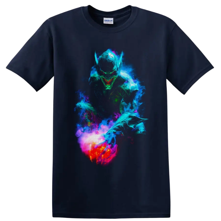Green Goblin neon comic art with glowing pumpkin bomb and swirling smoke on a Navy (Blue) T Shirt