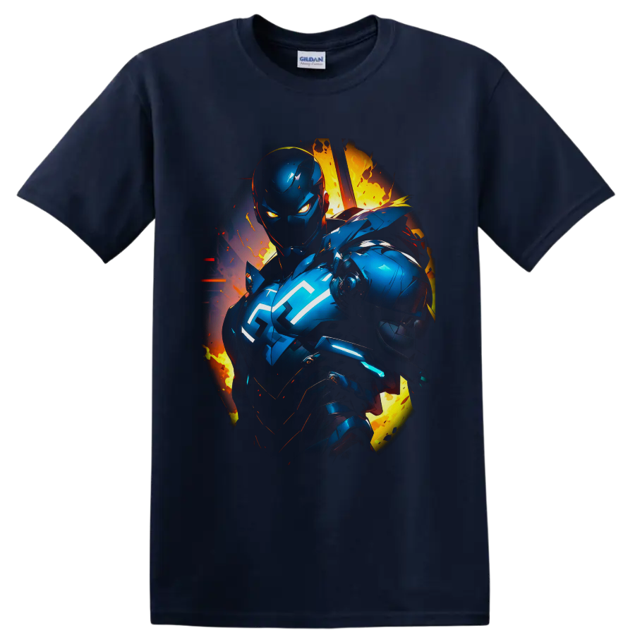 Iron Man in blue futuristic armor with glowing cyan energy and fiery comic explosion on a Navy (Blue) T Shirt