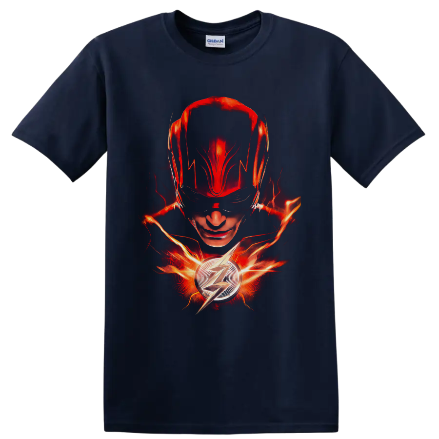 The Flash Barry Allen portrait with glowing lightning and chest emblem on a Navy (Blue) T Shirt