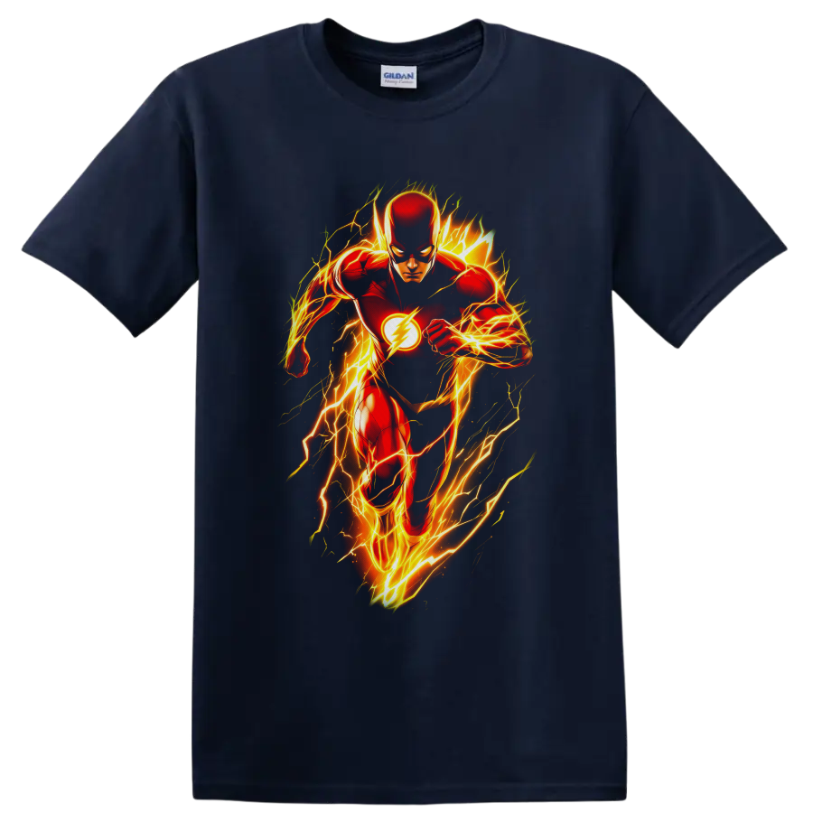 The Flash Barry Allen comic art sprinting through glowing yellow-orange lightning on a Navy (Blue) T Shirt