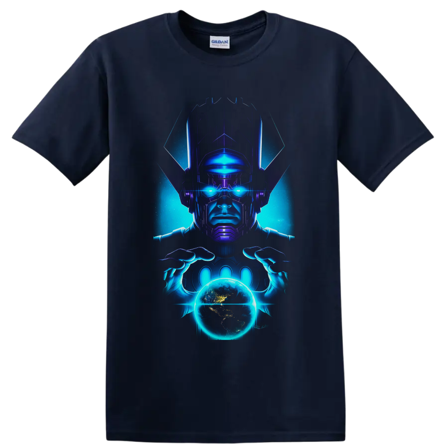 Galactus cosmic comic artwork with glowing blue eyes holding a radiant planet on a Navy (Blue) T Shirt