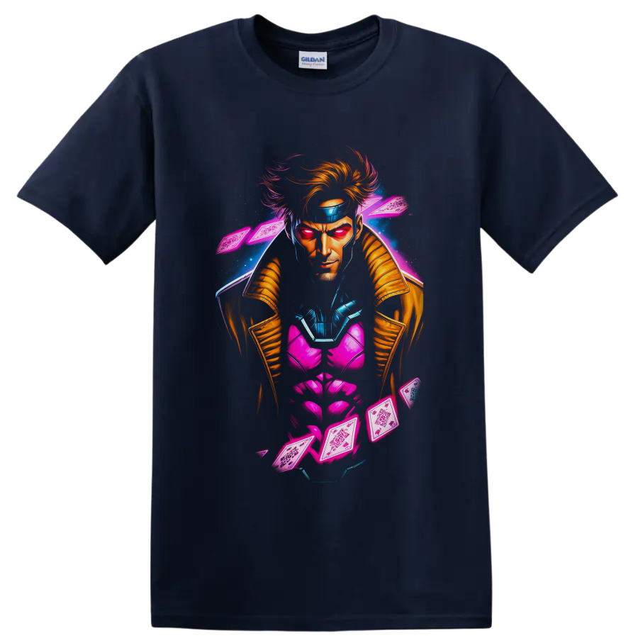 Gambit neon comic portrait with glowing playing cards and blue energy effects on a Navy (Blue) T Shirt