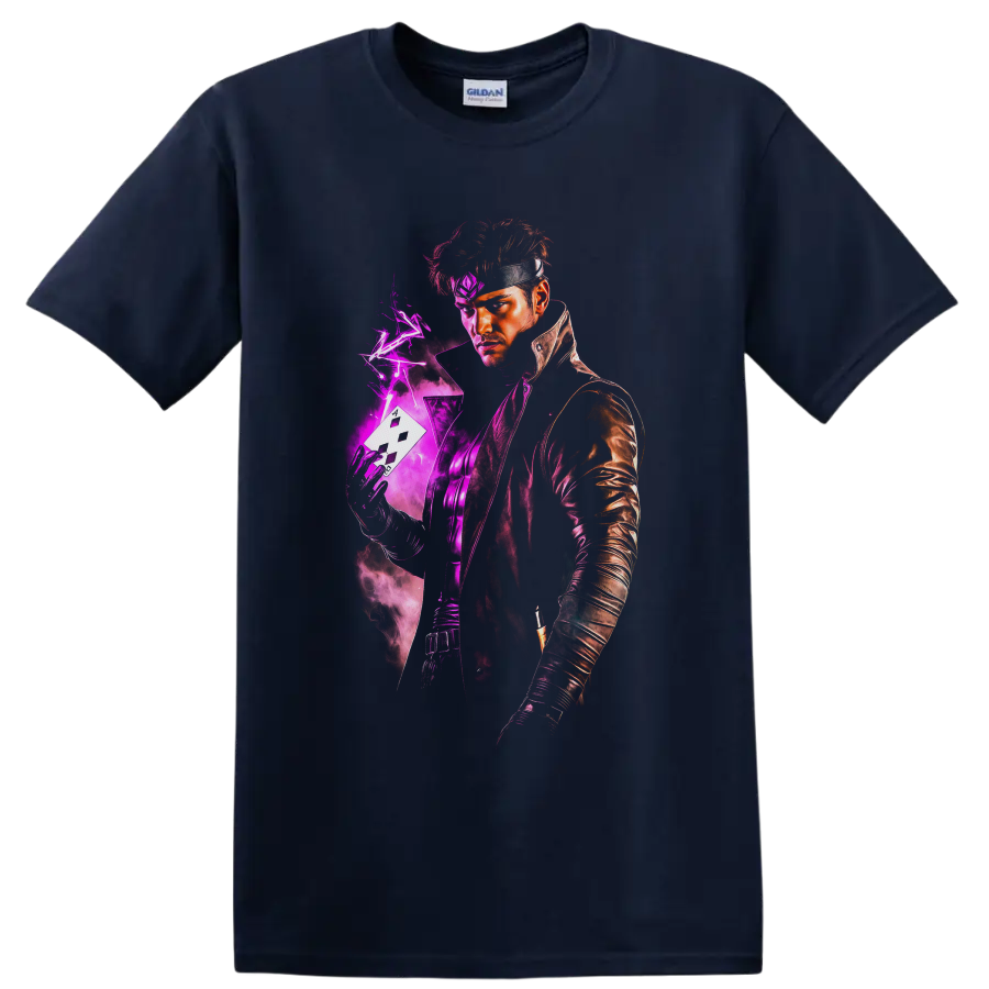 Gambit portrait with charged playing card, purple lightning, and neon comic energy on a Navy (Blue) T Shirt