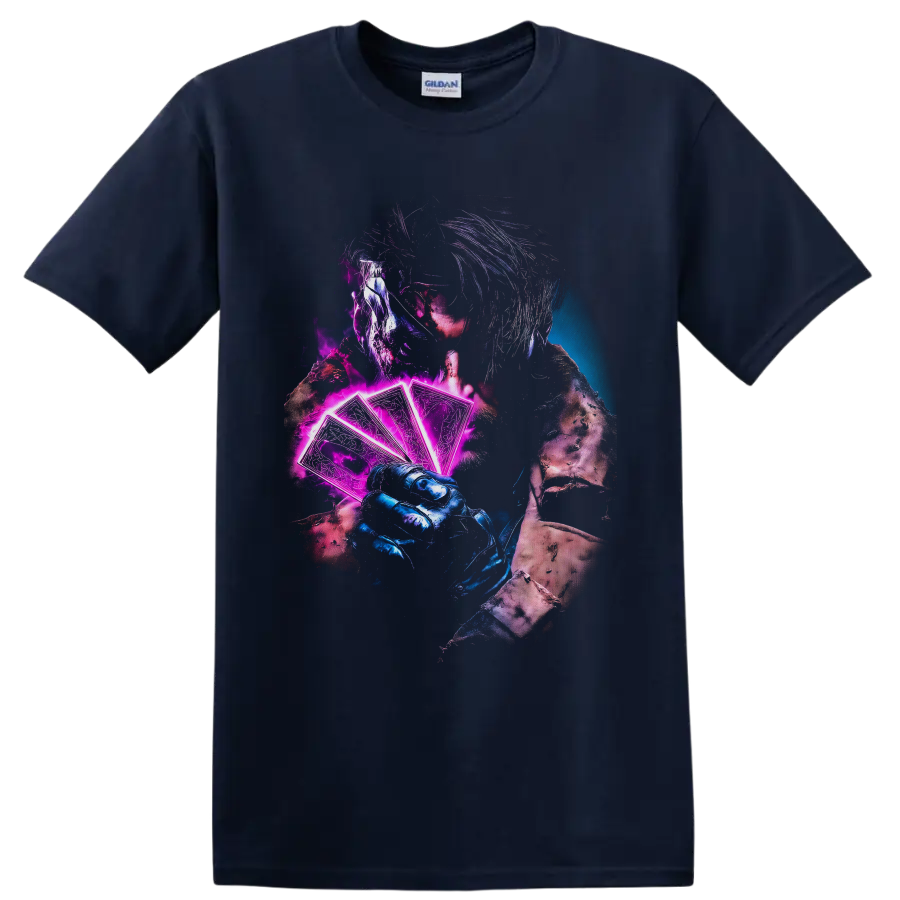 Gambit holding glowing neon playing cards in a gritty blue and magenta comic art style on a Navy (Blue) T Shirt