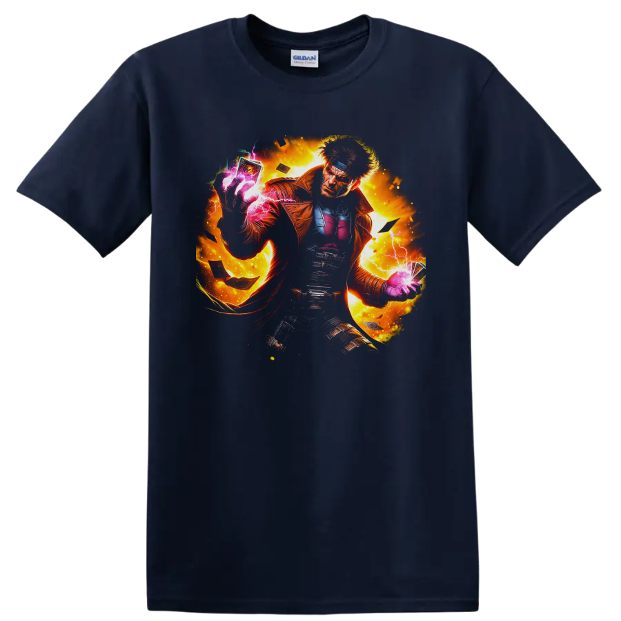 Gambit with glowing charged cards, lightning, and fiery comic-style action art on a Navy (Blue) T Shirt