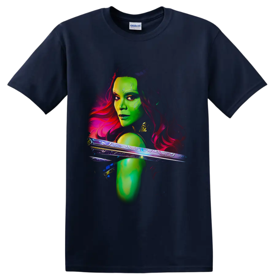Gamora cosmic sword warrior portrait in vivid neon sci-fi digital art on a Navy (Blue) T Shirt