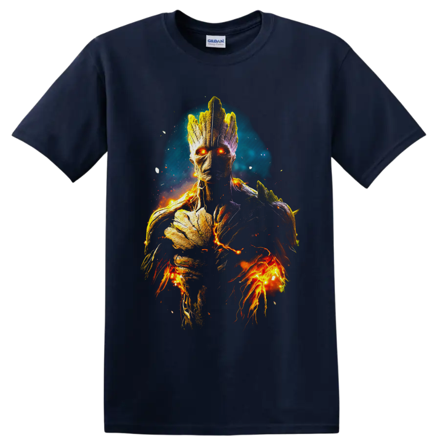 Fiery cosmic Groot portrait with glowing orange eyes, bark texture, sparks, and teal halo on a Navy (Blue) T Shirt