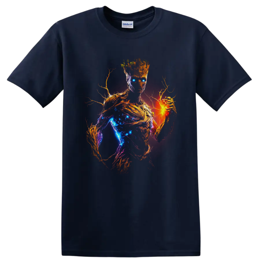 Groot cosmic neon portrait with glowing blue energy, fiery orange hand, and branching bark on a Navy (Blue) T Shirt