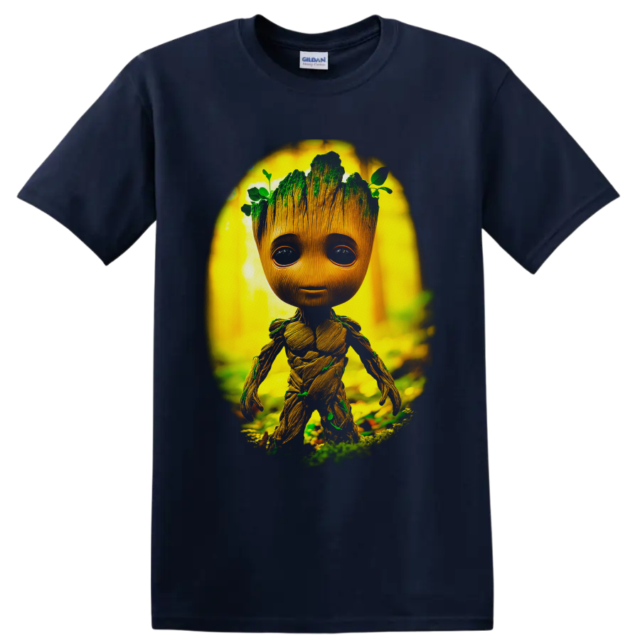 Baby Groot in a glowing forest with moss, vines, leaves, and detailed wood-grain texture on a Navy (Blue) T Shirt