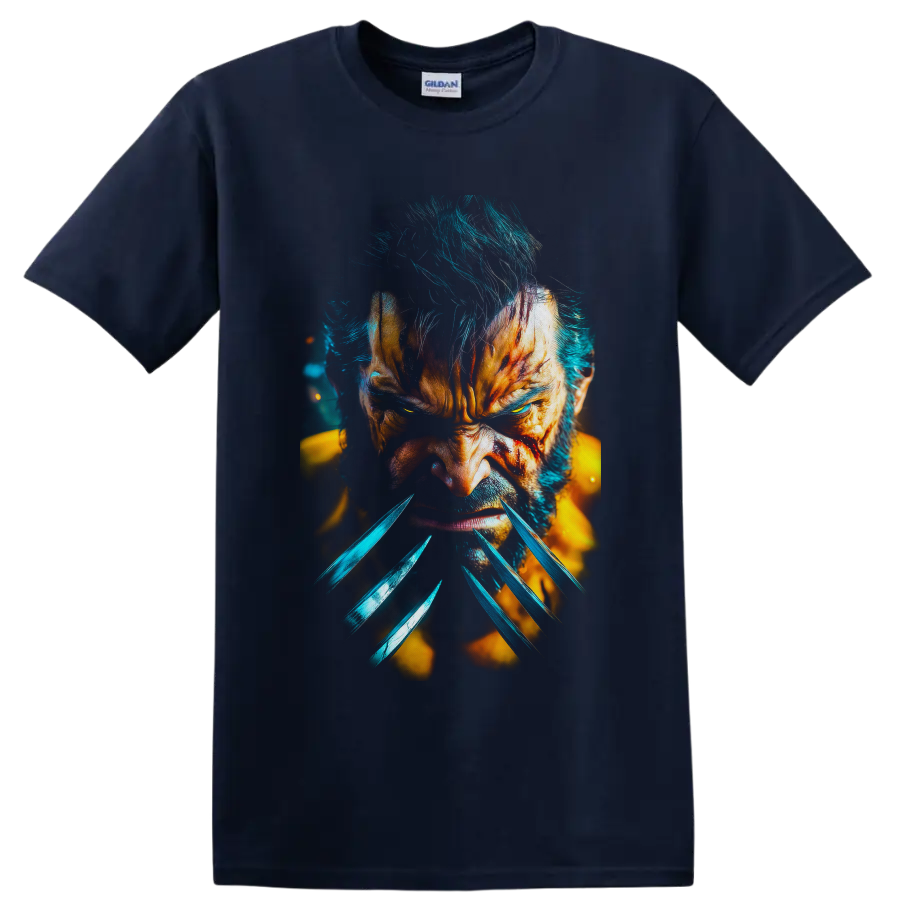 Wolverine Logan clawed close-up portrait in vivid teal and golden action art on a Navy (Blue) T Shirt