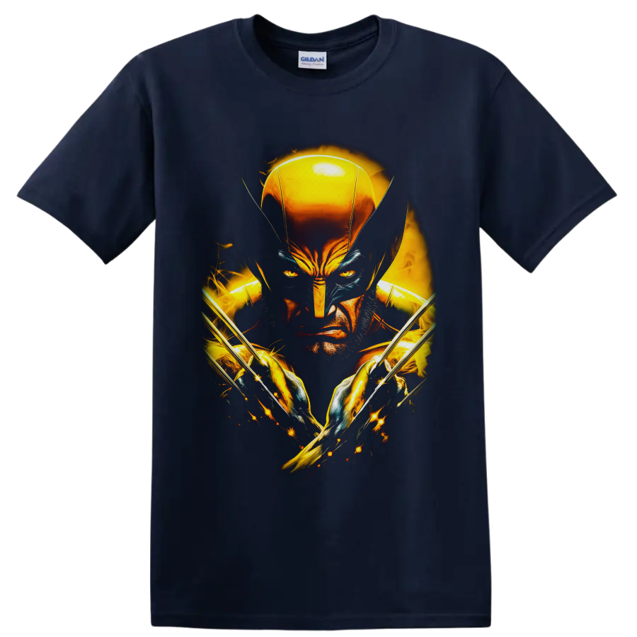 Wolverine Logan portrait with gold mask, crossed claws, sparks, and fiery superhero art on a Navy (Blue) T Shirt