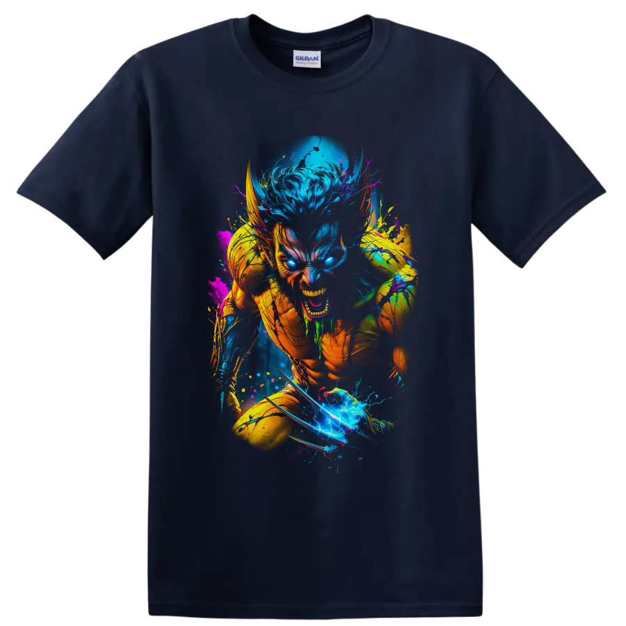 Wolverine neon comic action art with claws, glowing eyes, and electric paint splashes on a Navy (Blue) T Shirt