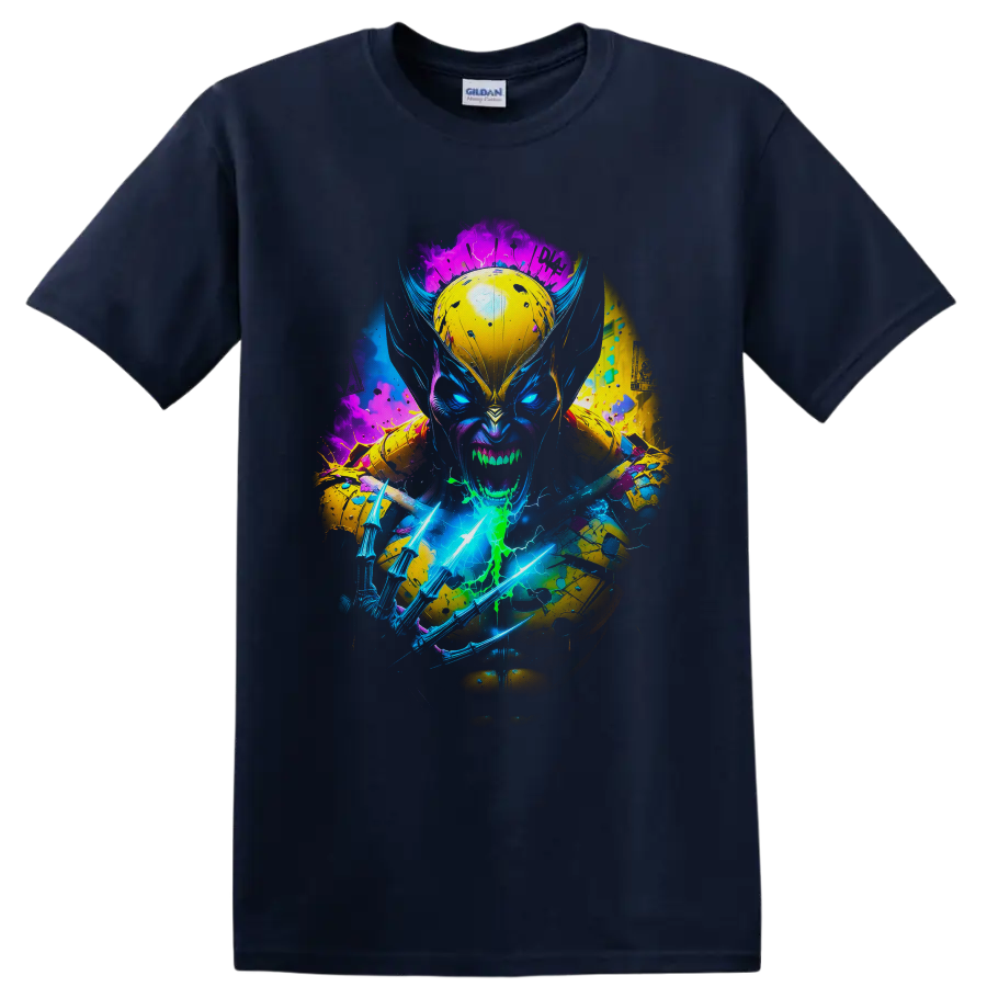 Wolverine neon comic portrait with glowing claws, lightning, and paint splatters on a Navy (Blue) T Shirt