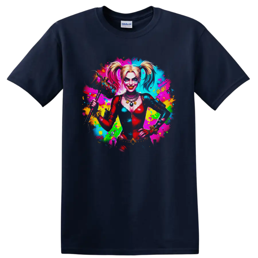 Harley Quinn neon pop art portrait with mallet, cards, and colorful paint splashes on a Navy (Blue) T Shirt