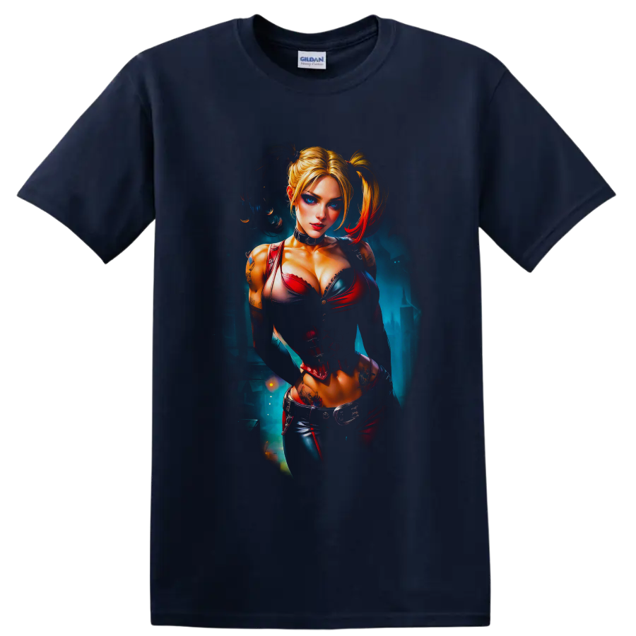 Harley Quinn portrait in red and blue corset art with blonde pigtails on a Navy (Blue) T Shirt