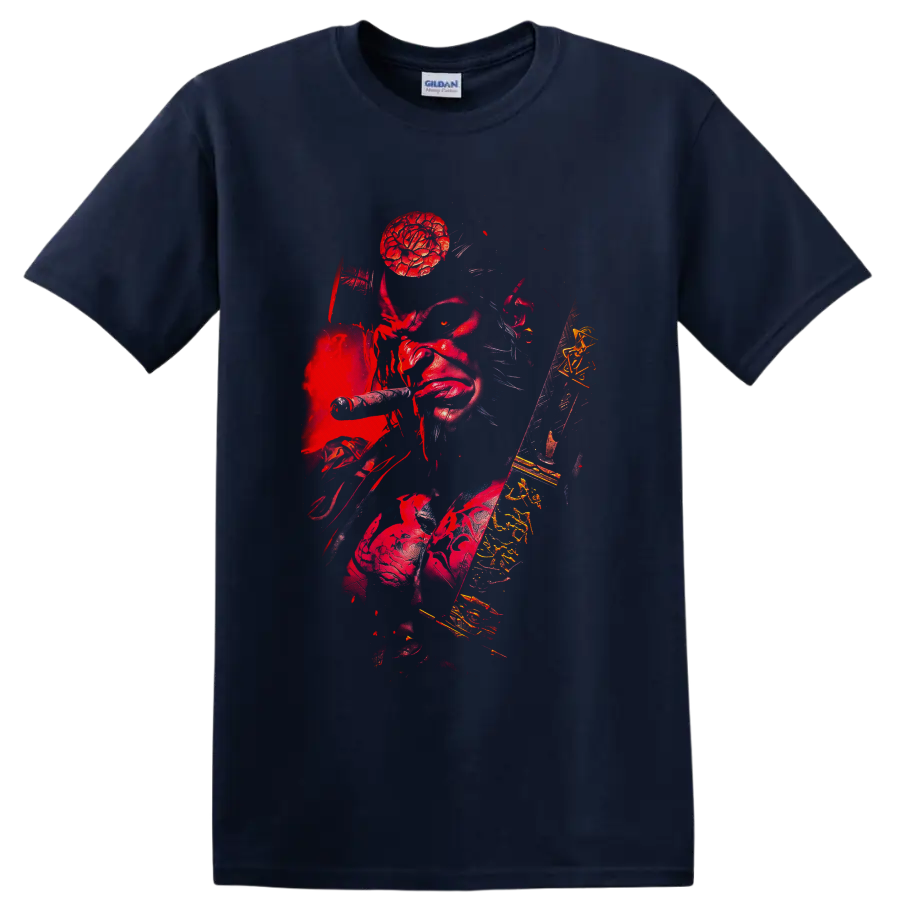 Hellboy red demon with revolver, sword, stone hand, and distressed gothic comic art on a Navy (Blue) T Shirt