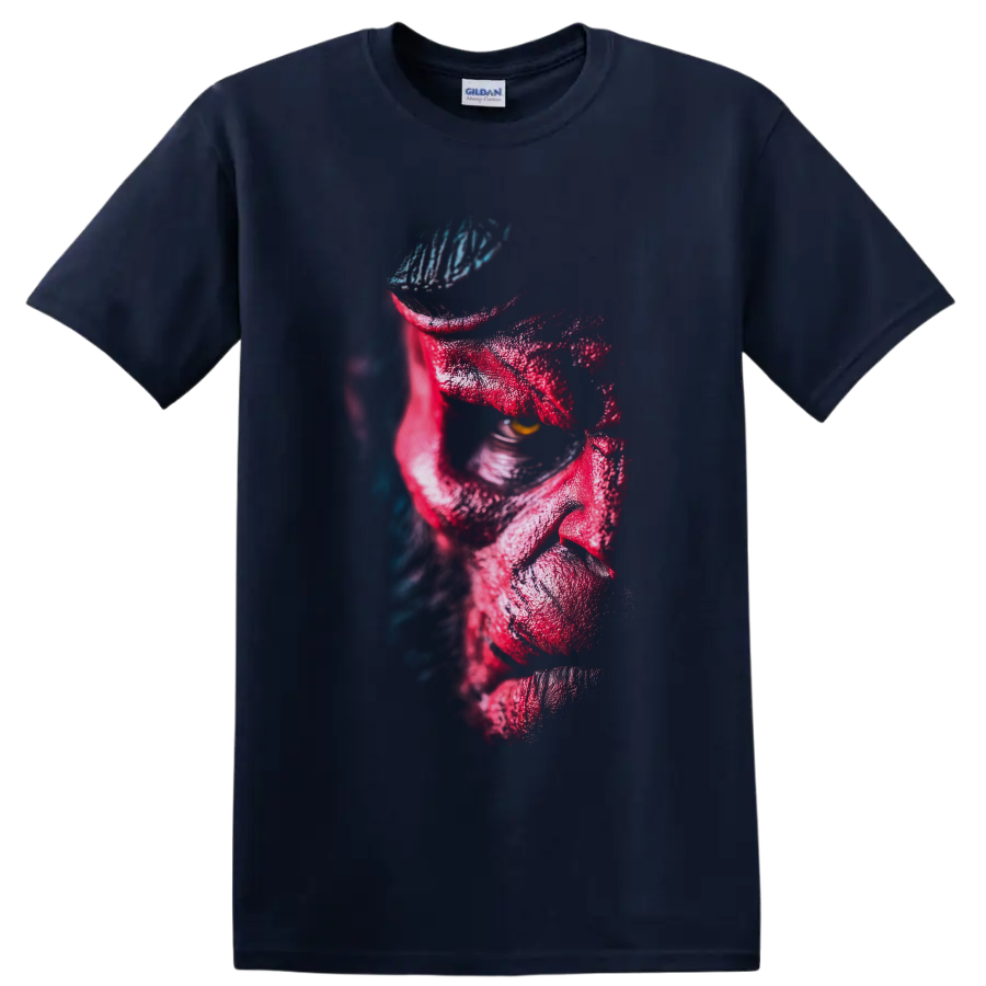 Hellboy red demon portrait with golden eye and blue-lit textured shadows on a Navy (Blue) T Shirt