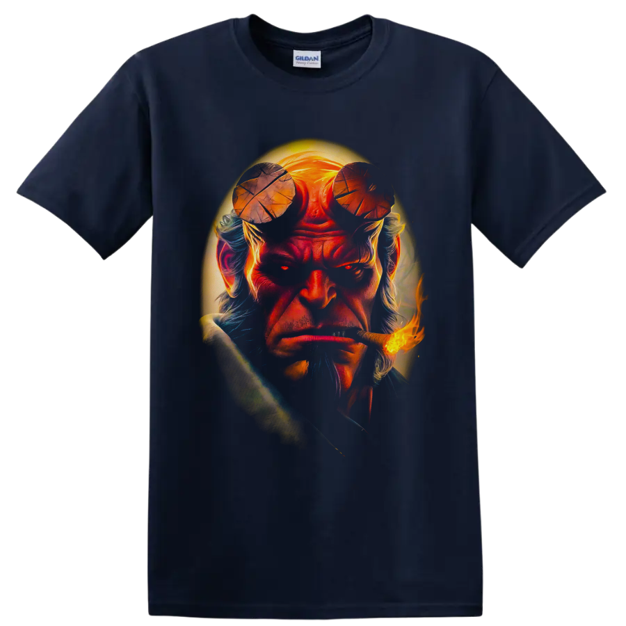 Hellboy dark fantasy portrait with cropped horns, glowing halo, and flaming pipe on a Navy (Blue) T Shirt