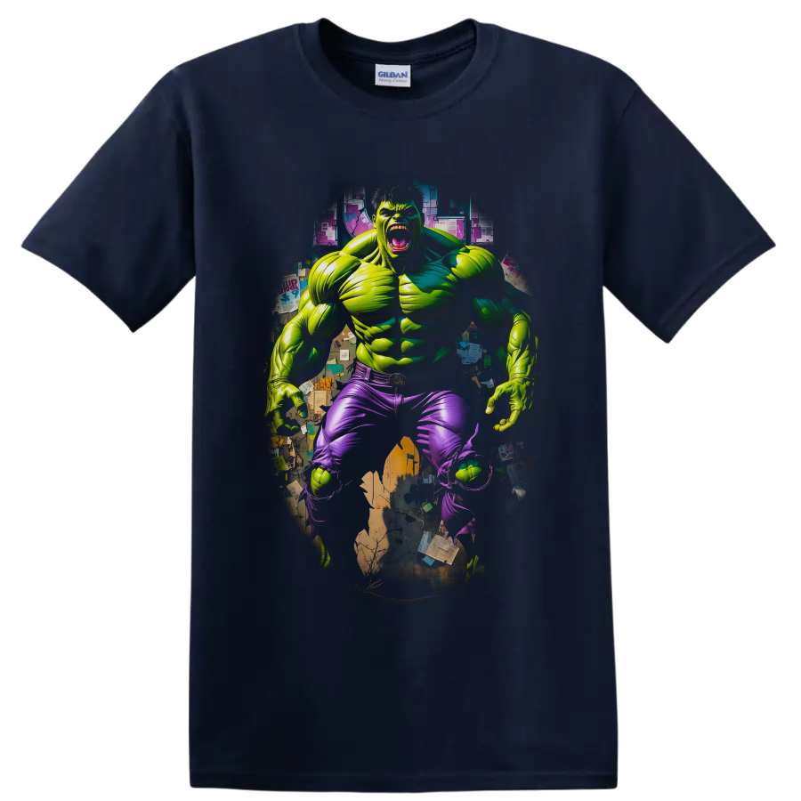 Hulk roaring superhero comic art with torn purple pants and gritty collage backdrop on a Navy (Blue) T Shirt