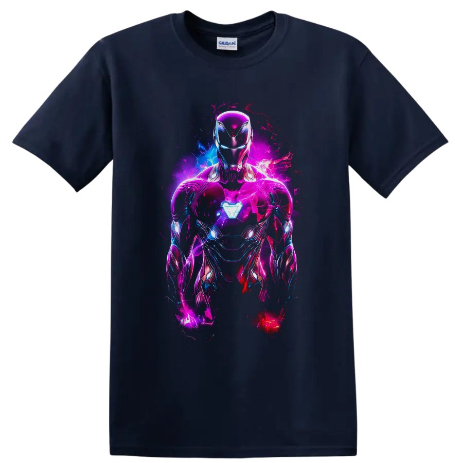 Iron Man in neon pink and blue armor with glowing arc reactor and electric comic effects on a Navy (Blue) T Shirt