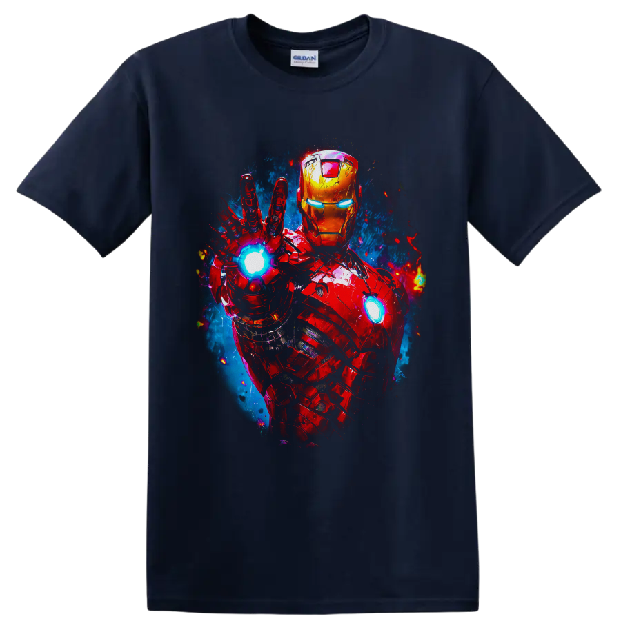 Iron Man red and gold armor with glowing arc reactor and raised repulsor comic art on a Navy (Blue) T Shirt