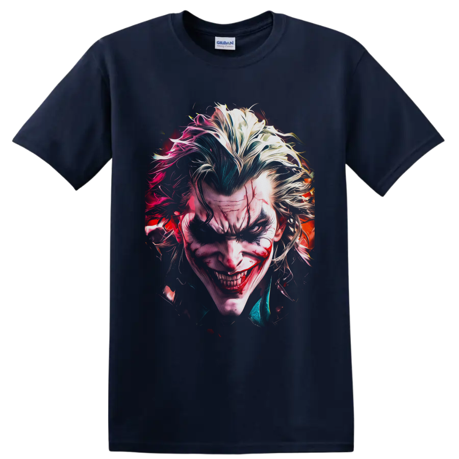 Joker sinister portrait with wild multicolor hair and a chilling comic horror grin on a Navy (Blue) T Shirt