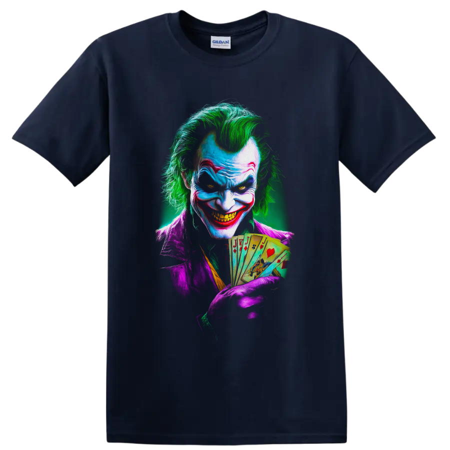 Joker comic-style portrait with green hair, purple suit, sinister grin, and playing cards on a Navy (Blue) T Shirt