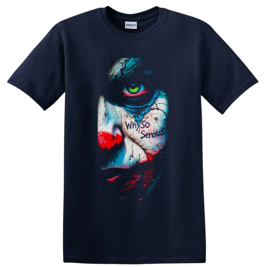 Joker horror clown close-up with green eye, teal hair, red lips, and cracked paint on a Navy (Blue) T Shirt