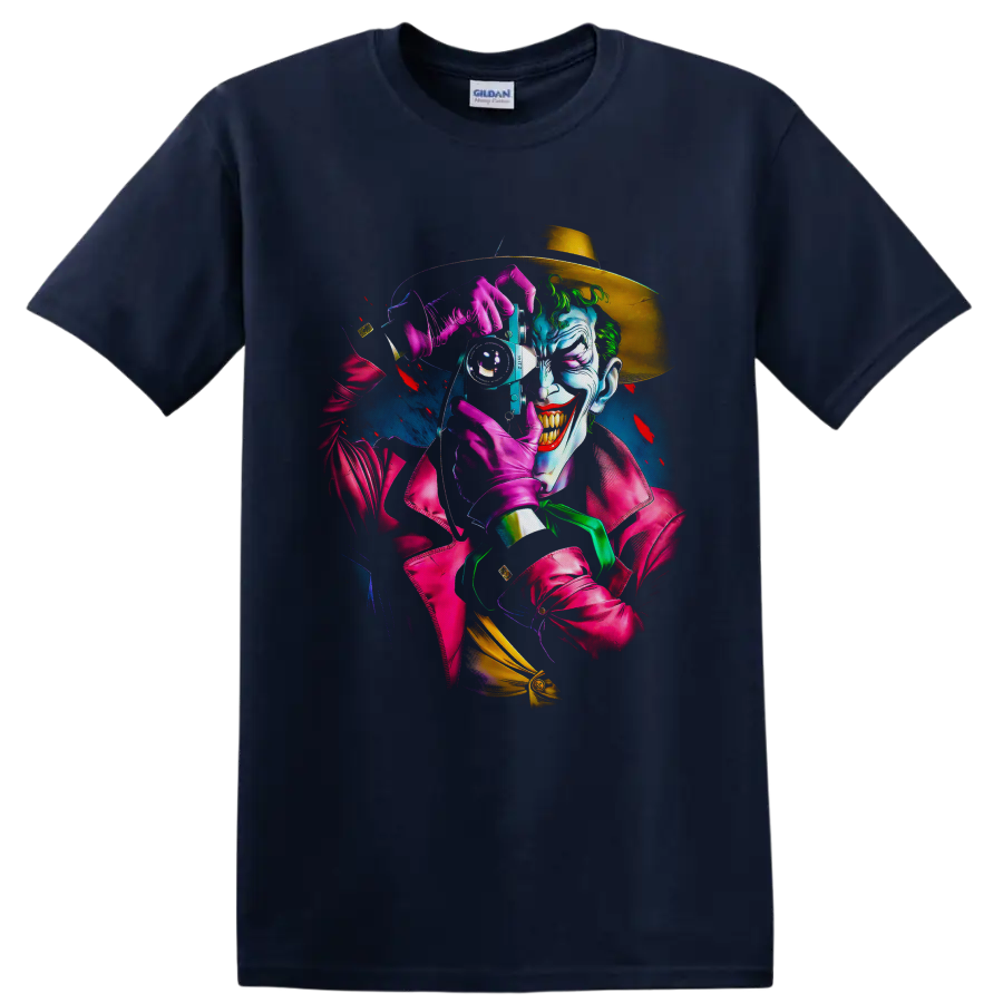 Neon Joker camera portrait with golden hat, pink gloves, and graphic novel styling on a Navy (Blue) T Shirt