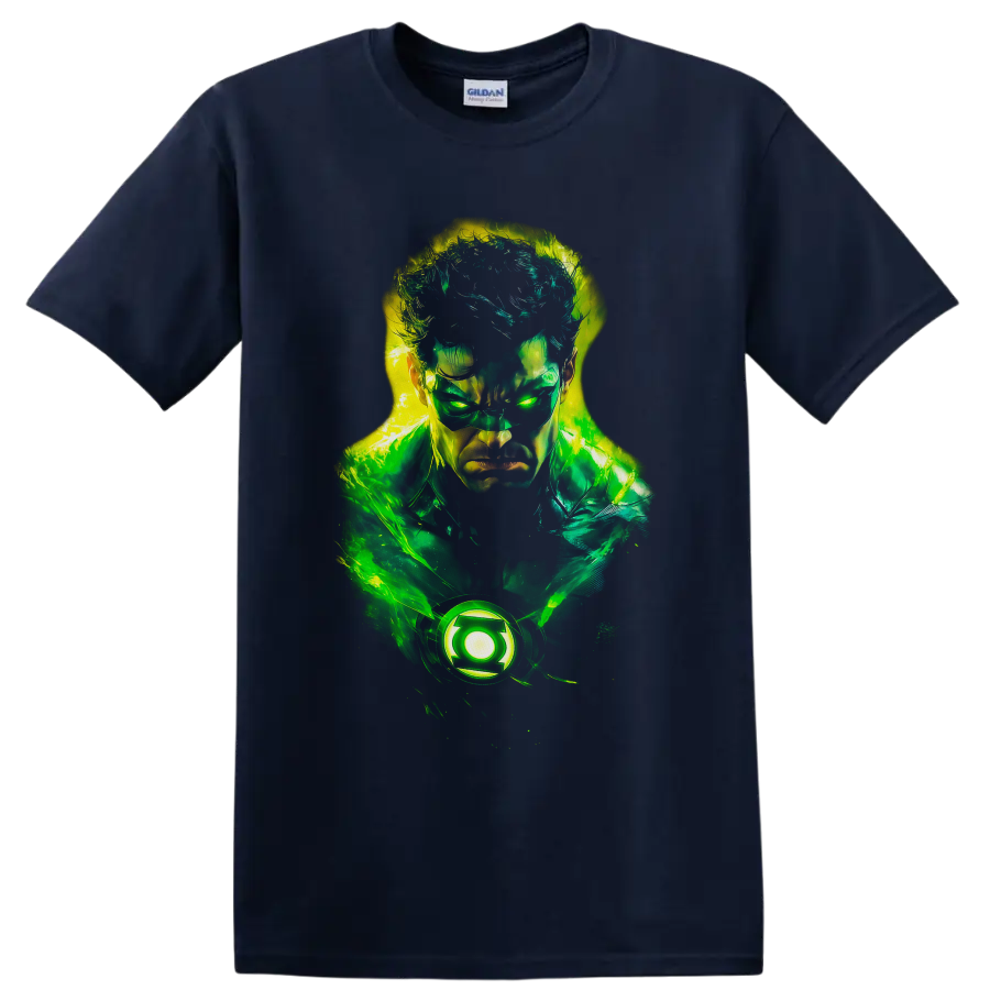 Hal Jordan Green Lantern neon portrait with glowing emblem and energy effects on a Navy (Blue) T Shirt
