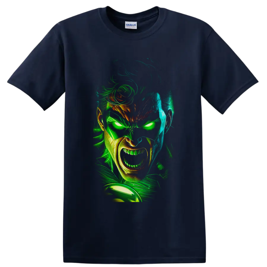 Guy Gardner as Green Lantern in neon comic portrait with glowing eyes and energy swirls on a Navy (Blue) T Shirt