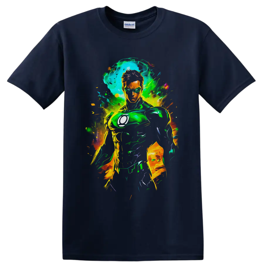 Kyle Rayner as White Lantern in neon comic art with green energy and paint splashes on a Navy (Blue) T Shirt