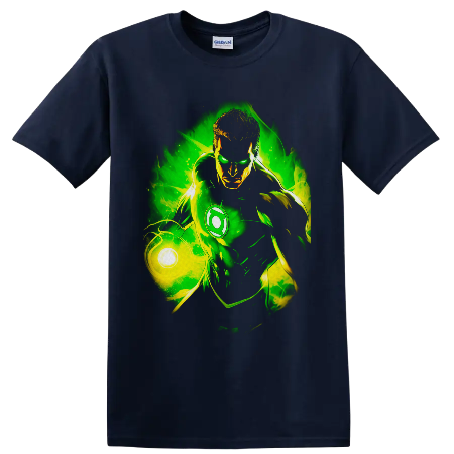 Hal Jordan Green Lantern comic art with glowing power ring and swirling green energy on a Navy (Blue) T Shirt