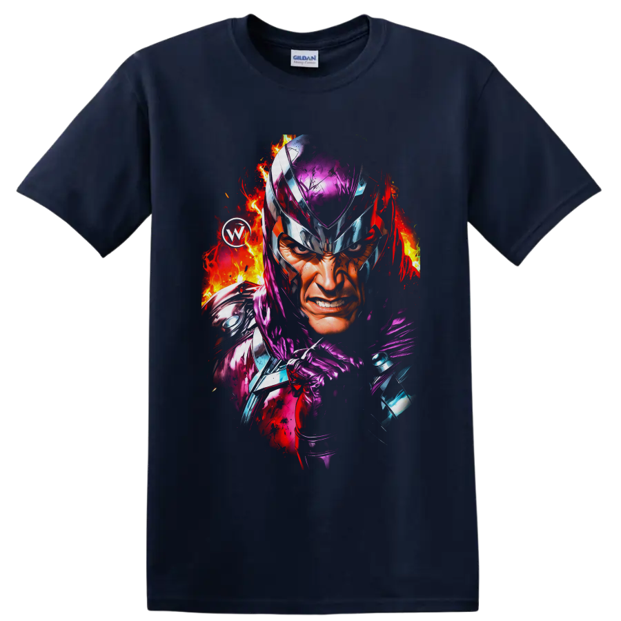 Magneto fiery helmet portrait with purple armor and comic-style flame splashes on a Navy (Blue) T Shirt