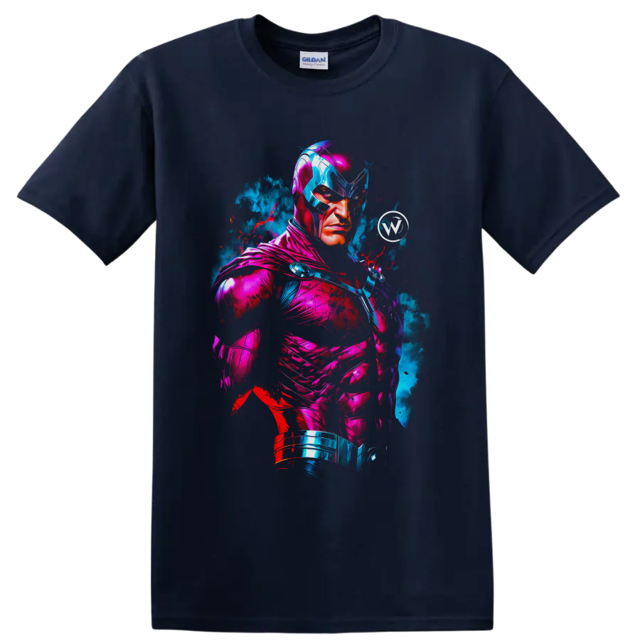Citizen Steel neon armored superhero portrait with blue smoke and red paint splatters on a Navy (Blue) T Shirt
