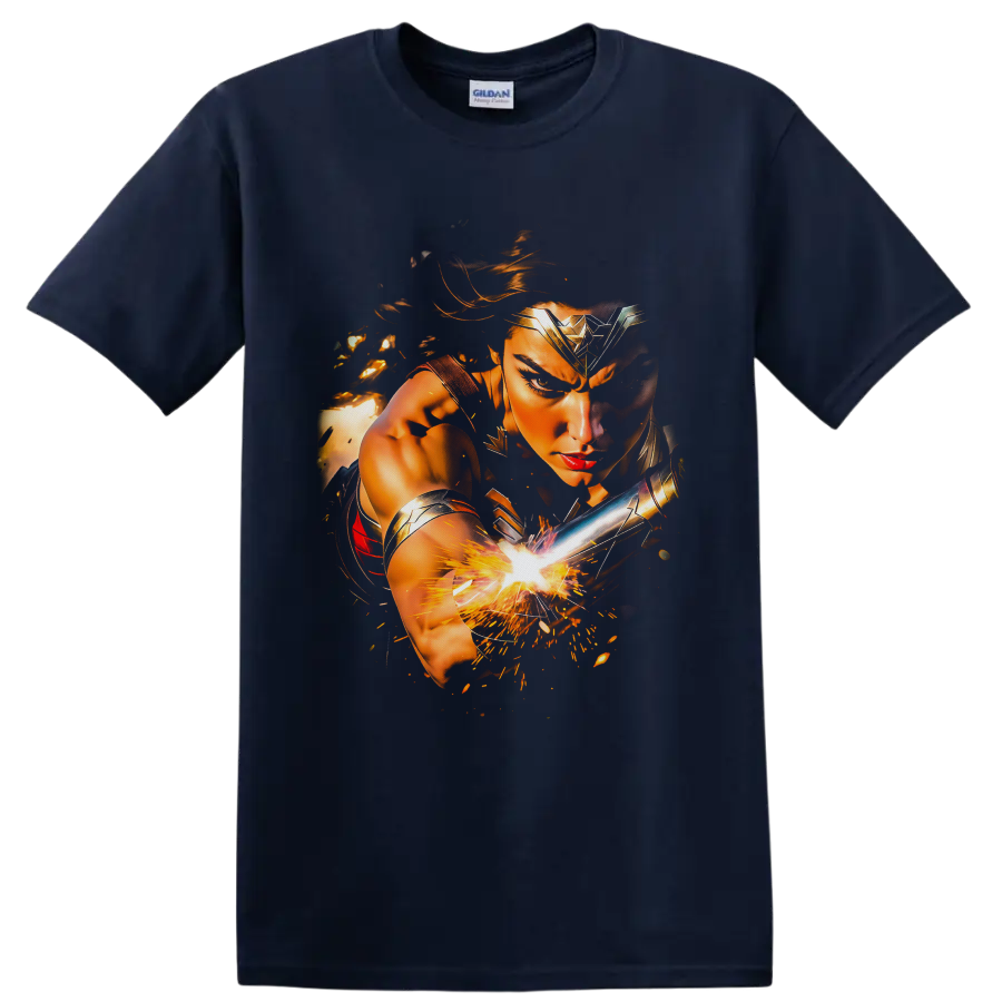 Wonder Woman warrior portrait with golden armor, silver bracer, and fiery battle sparks on a Navy (Blue) T Shirt