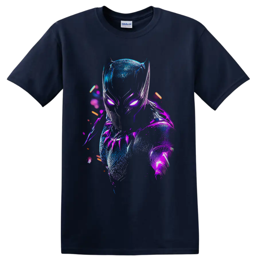Black Panther T'Challa neon cyberpunk portrait with glowing blue and purple armor on a Navy (Blue) T Shirt