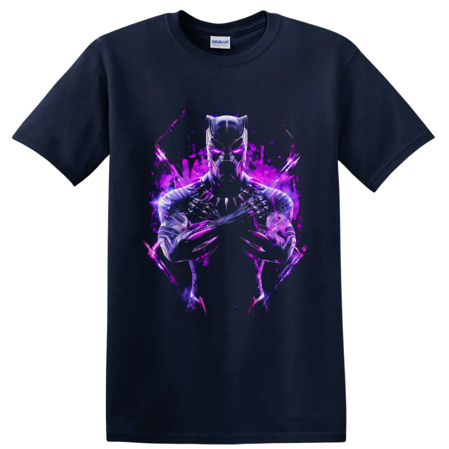 Black Panther T'Challa in metallic armor with crossed claws and glowing purple energy on a Navy (Blue) T Shirt