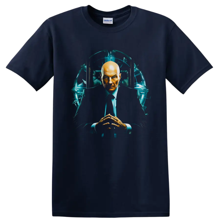 Professor X seated in a futuristic teal-lit chamber, cinematic sci-fi portrait artwork on a Navy (Blue) T Shirt