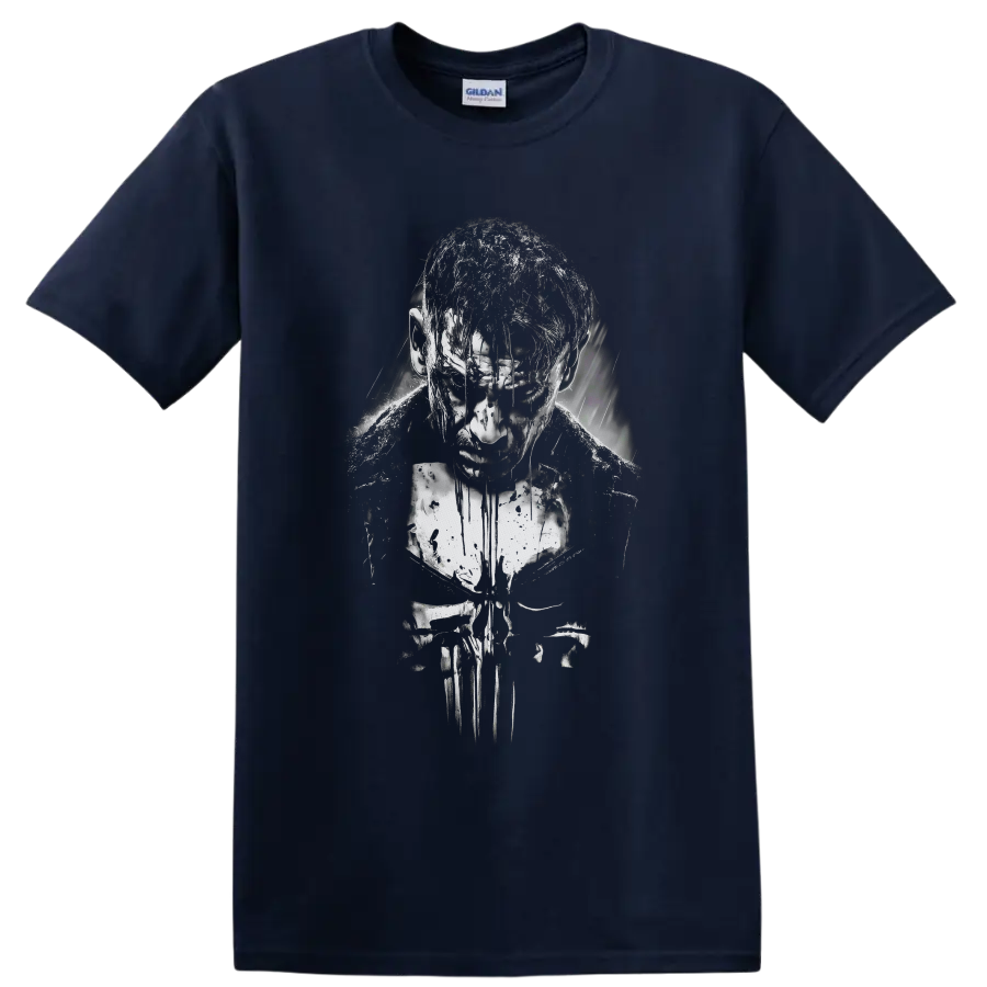 The Punisher Frank Castle distressed black-and-white vigilante portrait with skull motif on a Navy (Blue) T Shirt