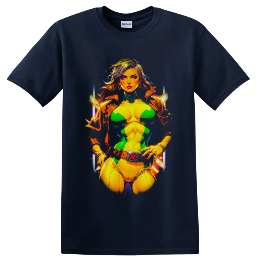 Rogue of X-Men in green and yellow costume, vivid neon comic portrait on a Navy (Blue) T Shirt