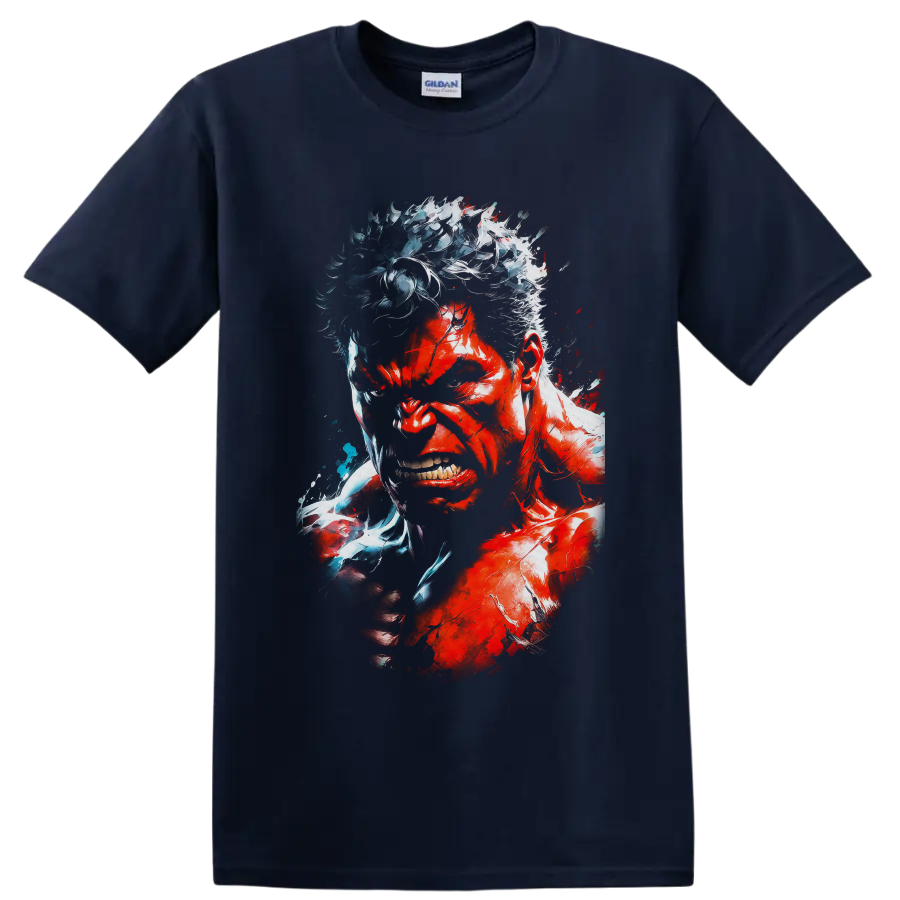 Red Hulk snarling portrait with clenched fist in explosive red and icy blue comic art on a Navy (Blue) T Shirt