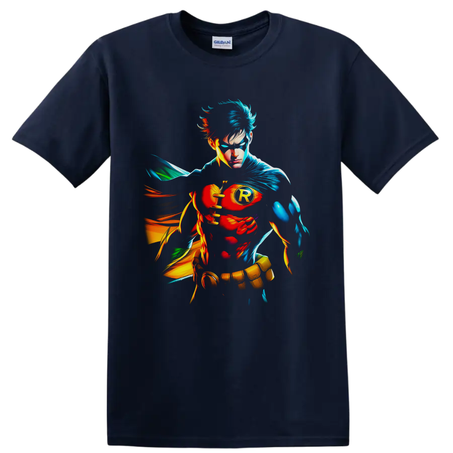 Absolute Robin Dick Grayson comic portrait with blue cape, R emblem, and colorful energy on a Navy (Blue) T Shirt