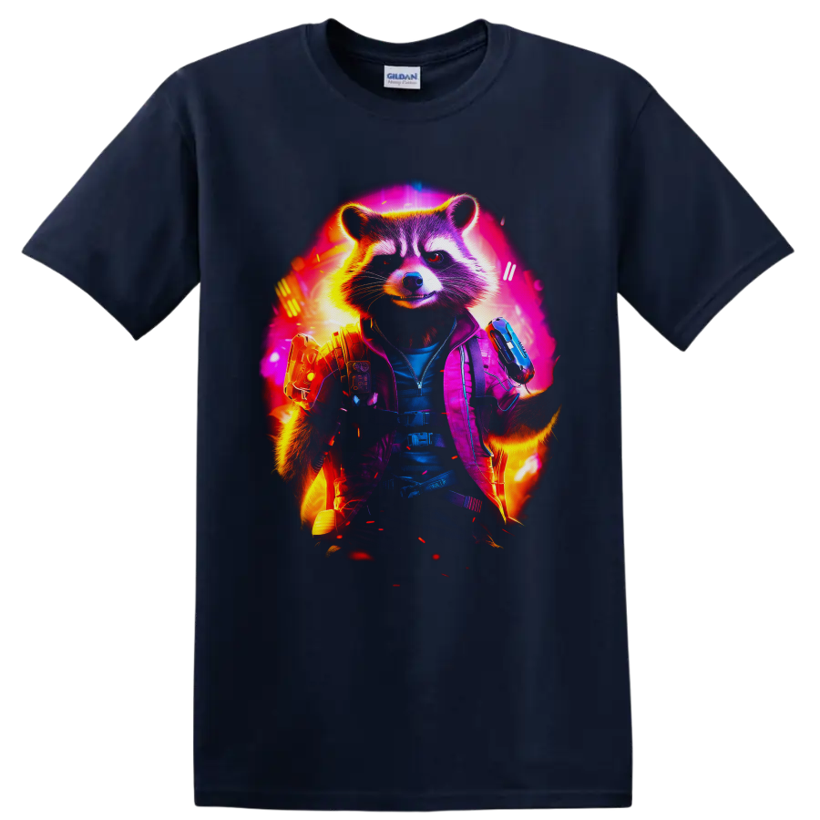 Rocket Raccoon neon sci-fi action portrait with tactical gear and futuristic blasters on a Navy (Blue) T Shirt