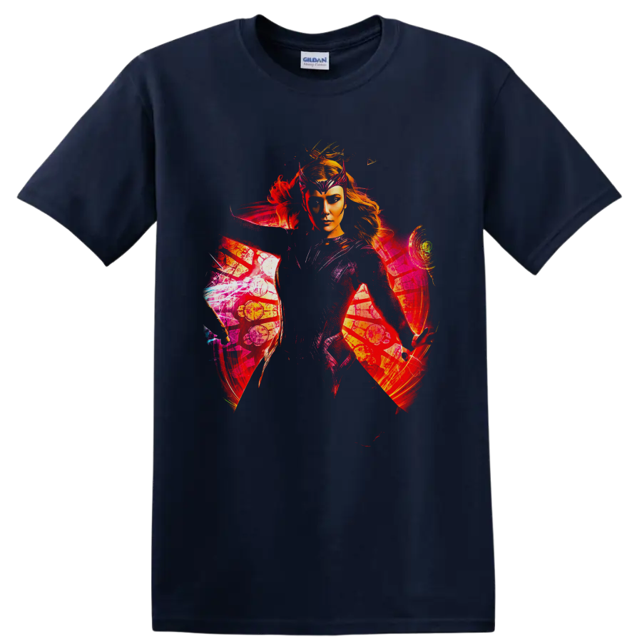 Scarlet Witch portrait with crimson magic, comic panels, and mystical symbols on a Navy (Blue) T Shirt