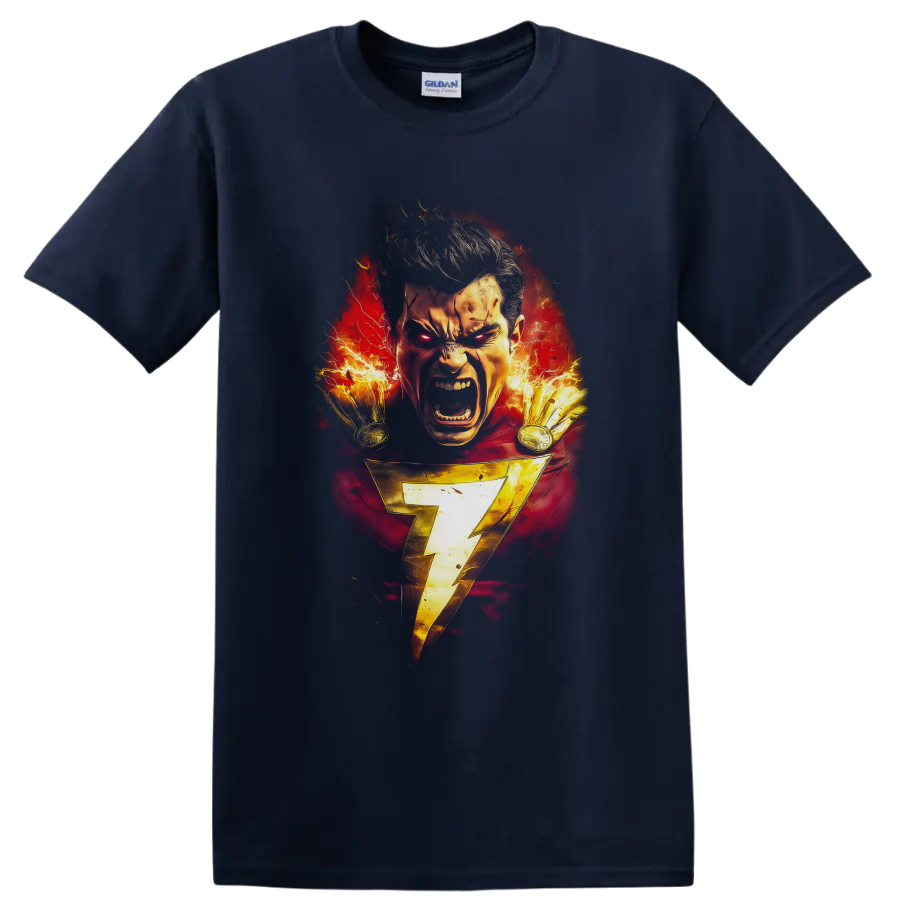 Shazam fiery comic portrait with gold lightning bolt and crackling electric energy on a Navy (Blue) T Shirt