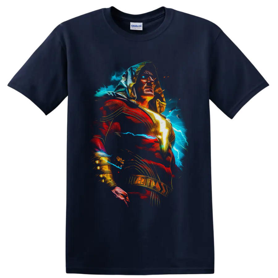 Shazam as Billy Batson with glowing lightning bolt, red cape, and electric storm art on a Navy (Blue) T Shirt