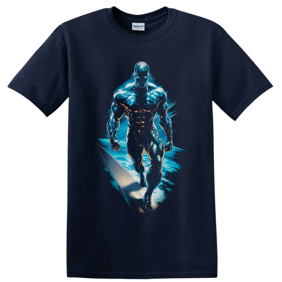 Silver Surfer Norrin Radd cosmic surfboard art with electric blue energy on a Navy (Blue) T Shirt